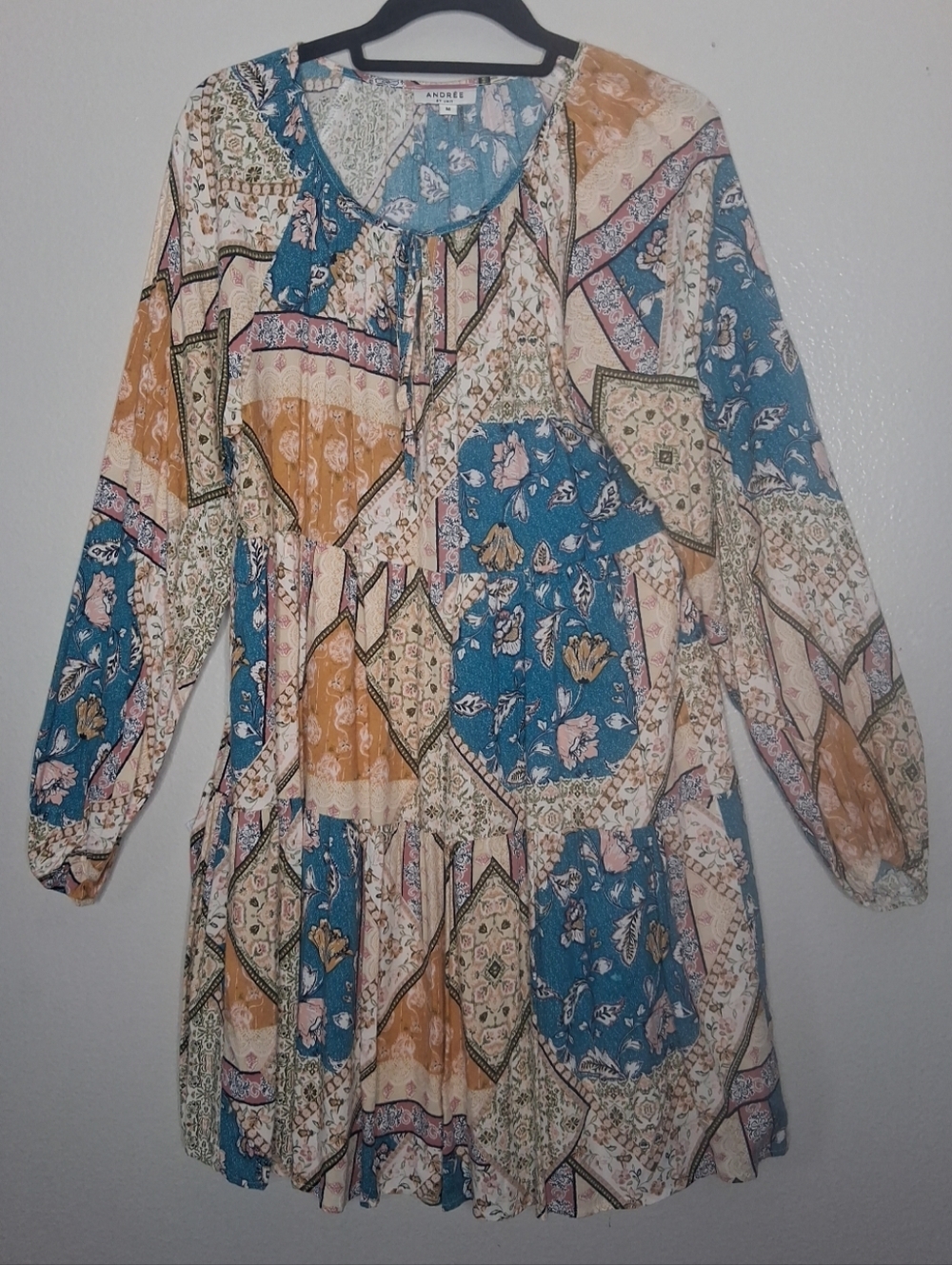 Andree By Unit Tie Neck Dress Patchwork Floral Paisley Boho Cottagecore Size M